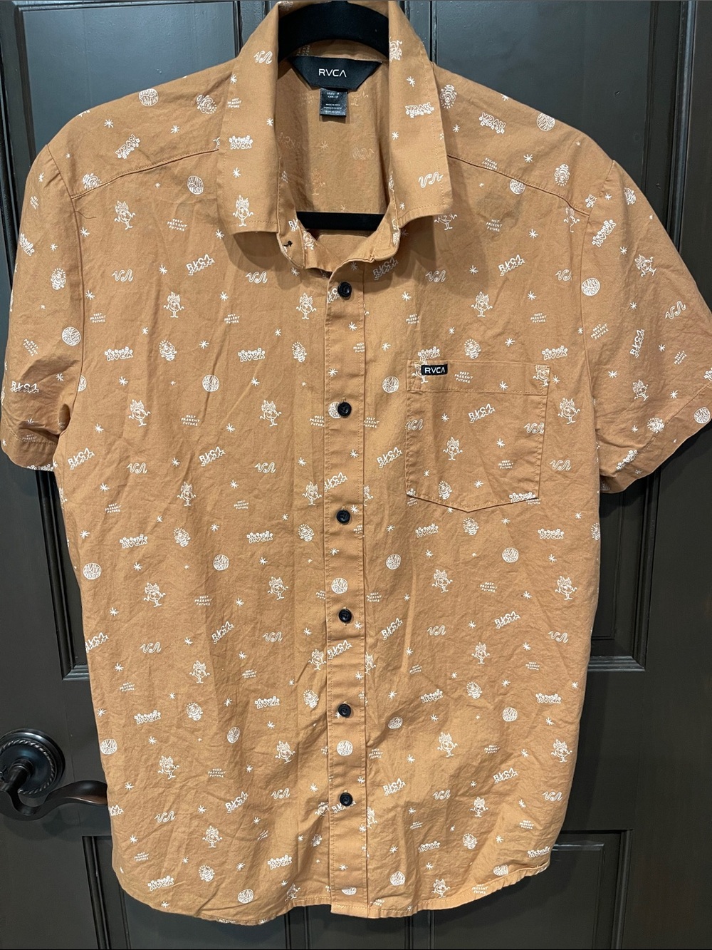 RVCA Men's Short-Sleeve Tan Button-Up with White Micro Print